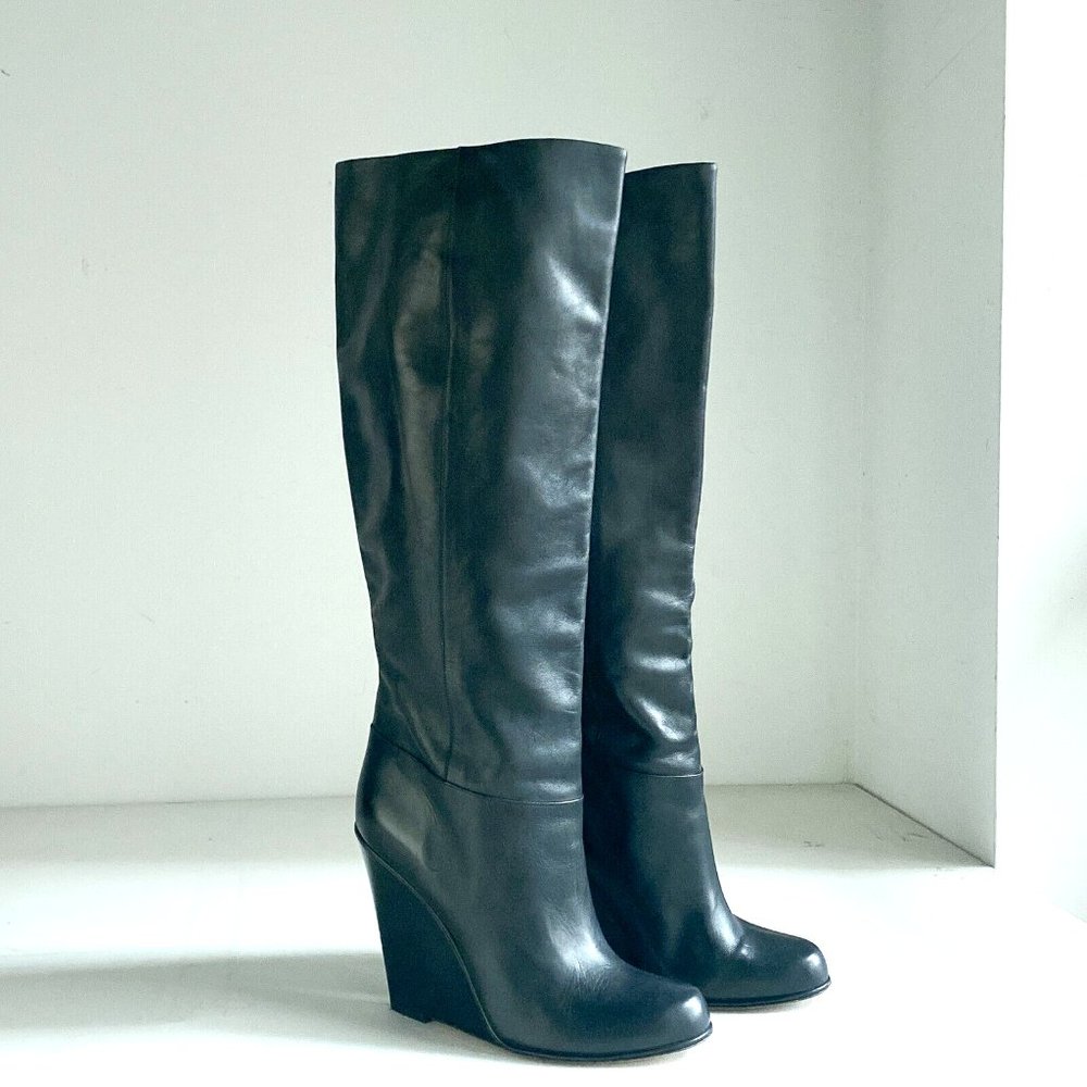 Bally Knee High Black Leather Wedge Heel Pull on Boots 10